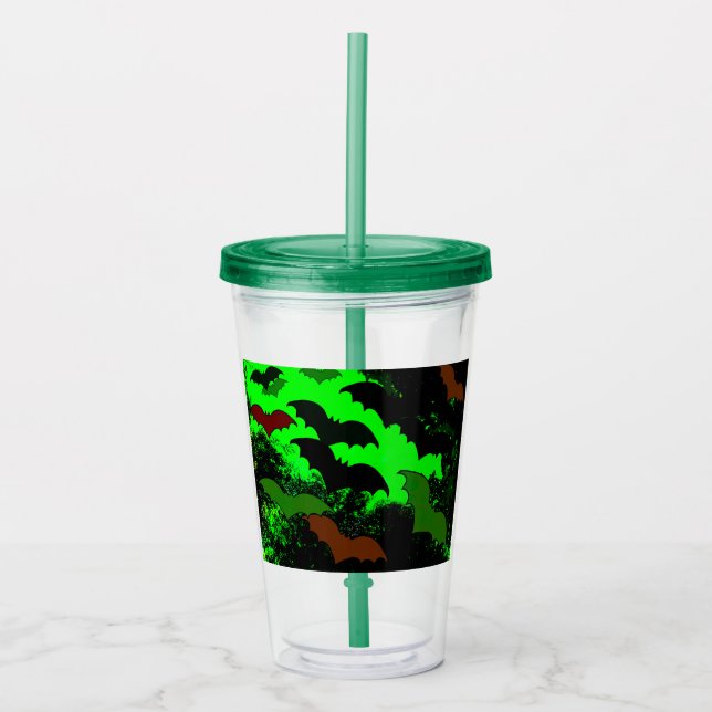 Vaso Acrílico Murciélagos En Verde De Vuelo (Anverso)