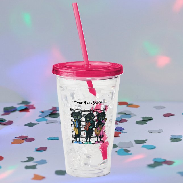 Vaso Acrílico Musicales Cats Negros Hoja Instrumentos De Reprodu (Musical black cats playing music standing on sheet music on acrylic drink tumbler with lid.)