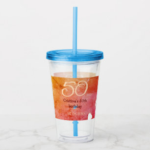 Vaso Acrílico Naranja rojo 50 cumpleaños fecha de añadir nombre 