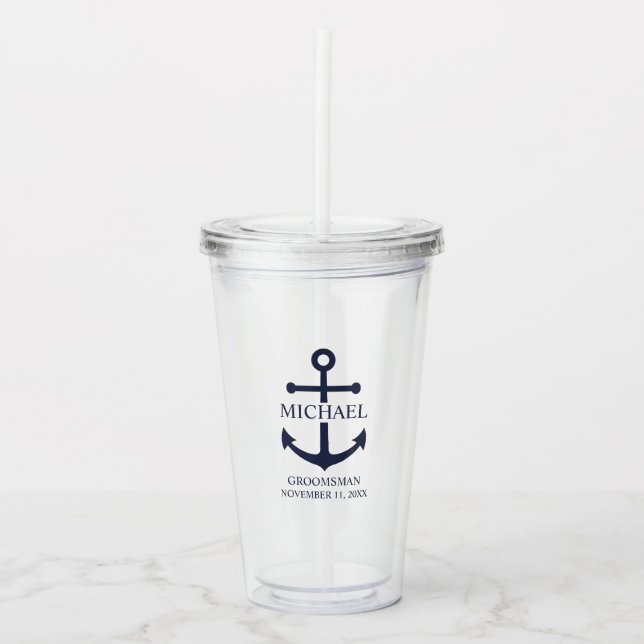Vaso Acrílico Nautical Navy Blue Anchor Personalizado Groomsmen (Anverso)
