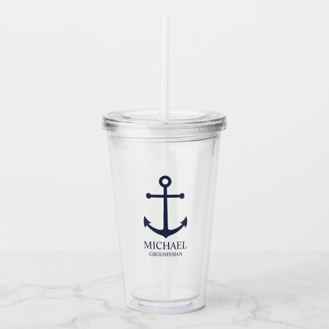 Vaso Acrílico Nautical Navy Blue Anchor Personalizado Groomsmen (Anverso)