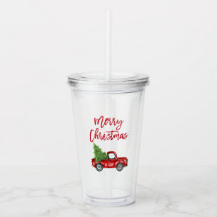 Vaso Acrílico Navidades de camionetas antiguas con guión rojo