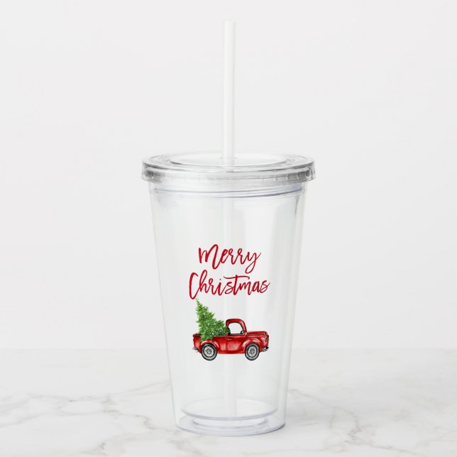 Vaso Acrílico Navidades de camionetas antiguas con guión rojo (Anverso)