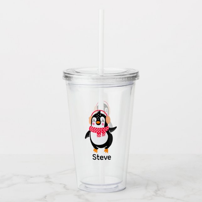 Vaso Acrílico Navidades Jolly Penguin en una bufanda con bocanad (Anverso)