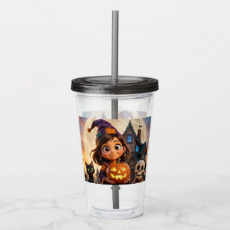 Vaso Acrílico Niña pequeña adorable con gato negro Feliz Hallowe