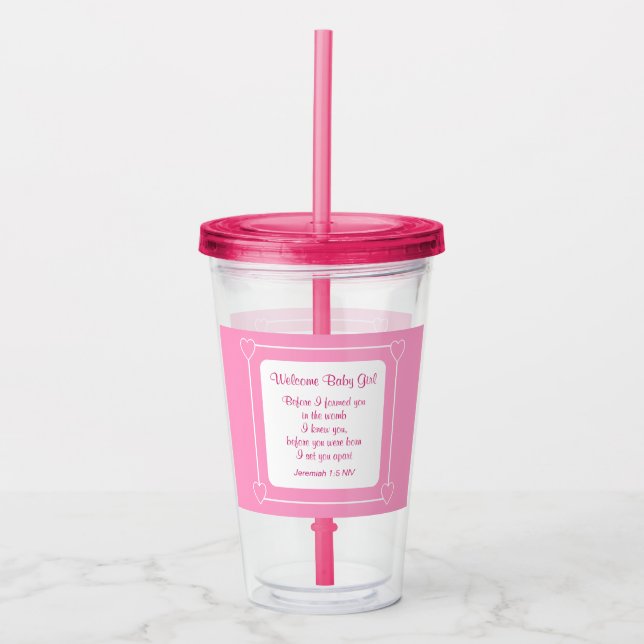 Vaso Acrílico Niño rosa y blanco ducha Biblia Fiesta Verse (Anverso)