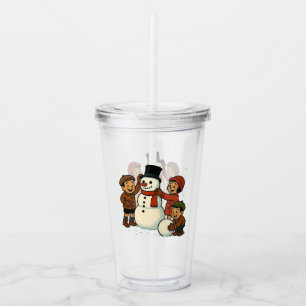 Vaso Acrílico Niños antiguos construyendo un muñeco de nieve