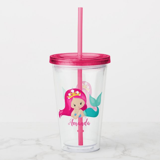 Vaso Acrílico Niños con sirenas rosadas personalizados (Anverso)