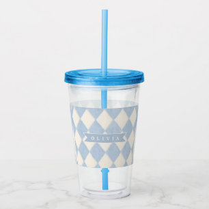 Vaso Acrílico Nombre Argyle Borroso Azul Suave Preppy Personaliz