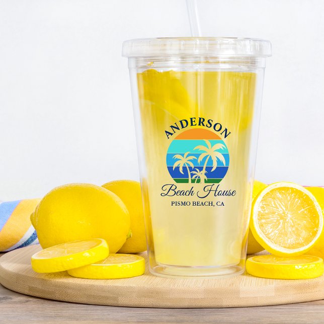 Vaso Acrílico Nombre de la Familia Beach House Sun Palm Trees (Customize to change text color, size or text style.)