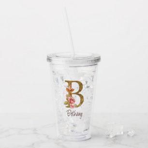 Vaso Acrílico Nombre personalizado Blush rosas rosadas hoja de o