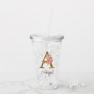 Vaso Acrílico Nombre personalizado Blush rosas rosadas hoja dora