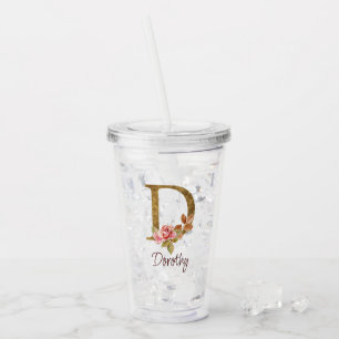 Vaso Acrílico Nombre personalizado Blush Rosas Rosadas Letra D c