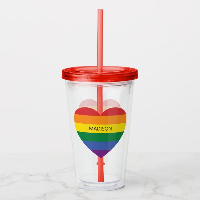 Vaso Acrílico Nombre personalizado Corazón arcoiris (Anverso)
