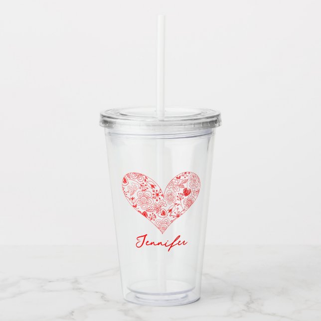 Vaso Acrílico Nombre personalizado del corazón floral del El día (Anverso)