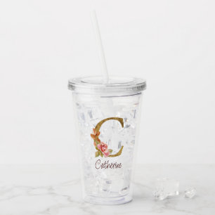 Vaso Acrílico Nombre personalizado lámina dorada rosas rosadas l