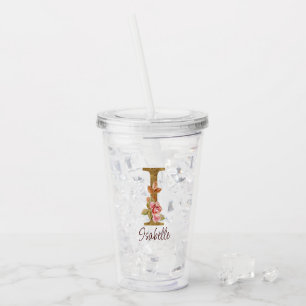 Vaso Acrílico Nombre personalizado letra I Lámina de oro rosas r