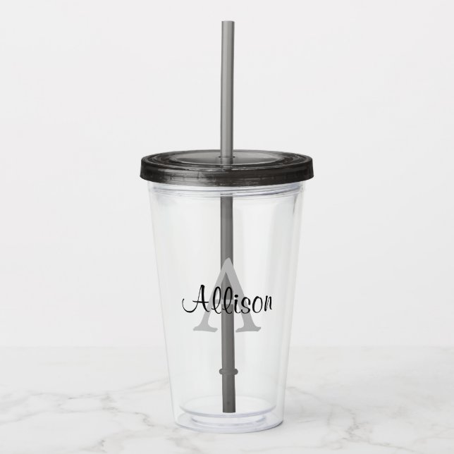 Vaso Acrílico Nombre personalizado Monograma blanco negro (Anverso)