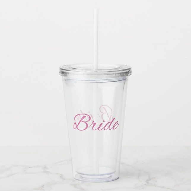 Vaso Acrílico Novia de boda con brillo rosa (Anverso)
