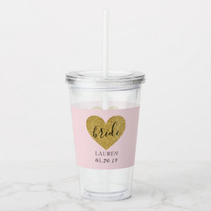 Vaso Acrílico Novia Personalizada Corazón Dorado Estilo Moderno