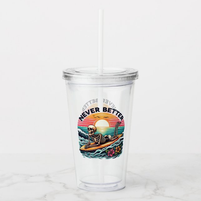 Vaso Acrílico Nunca Mejor - Skeleton Surfing Sunset Wave Design (Anverso)