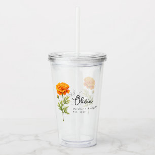 Vaso Acrílico Octubre mes de nacimiento Flor Marigold Personaliz