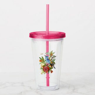 Vaso Acrílico Pájaro Azul Entre Granadas Botánico Acuarela