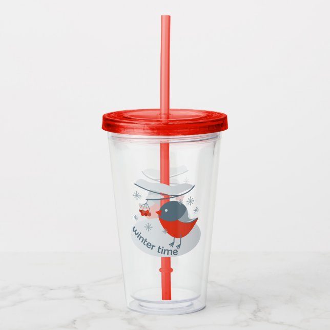 Vaso Acrílico Pájaro bullfinch de invierno y bayas rojas (Anverso)