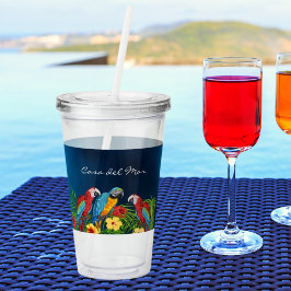 Vaso Acrílico Pájaros pájaros hojas azules fiesta de verano