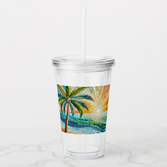 Vaso Acrílico Palm Tree Mosaic Tropical Beach Sunset (Anverso)
