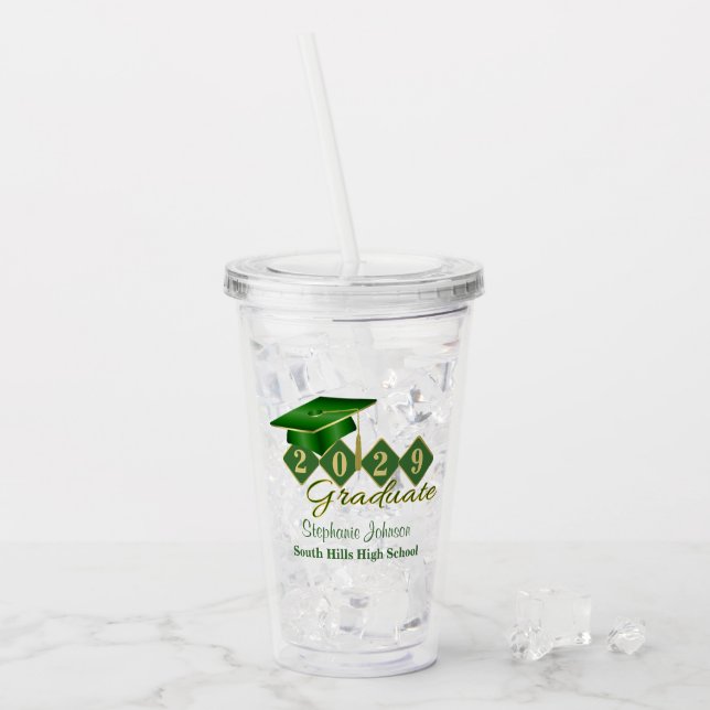 Vaso Acrílico Partido de Graduación Oro Verde Personalizado (Anverso (hielo))