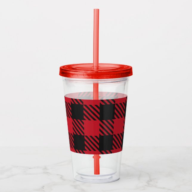 Vaso Acrílico Patrón cuadrado cuadrado de búfalo negro rojo 1 (Anverso)