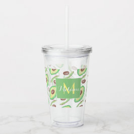 Vaso Acrílico Patrón de aguacate dibujado a mano Nombre Monogram