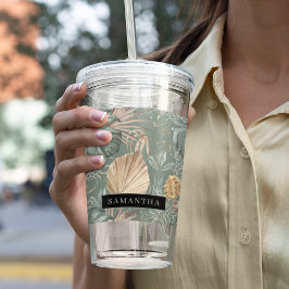 Vaso Acrílico Patrón de color de agua tropical dorado y hojas ve