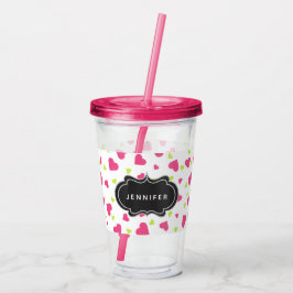 Vaso Acrílico Patrón de corazones tumultuosos verde y rosa