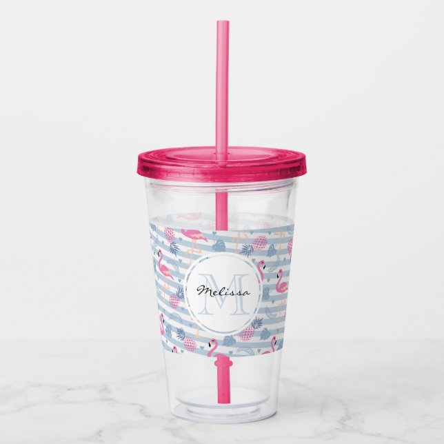 Vaso Acrílico Patrón de flamencos y piñas singulares (Anverso)