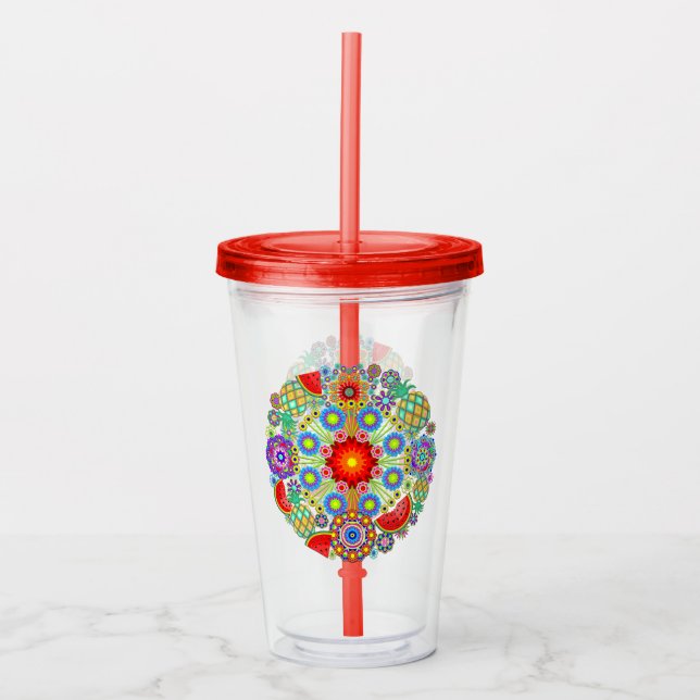 Vaso Acrílico Patrón de Mandalas y frutas exóticas (Anverso)