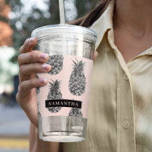 Patrón de piña rosa y gris tropical con nombre