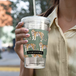 Vaso Acrílico Patrón de tigres de acuarela verde tropical con no