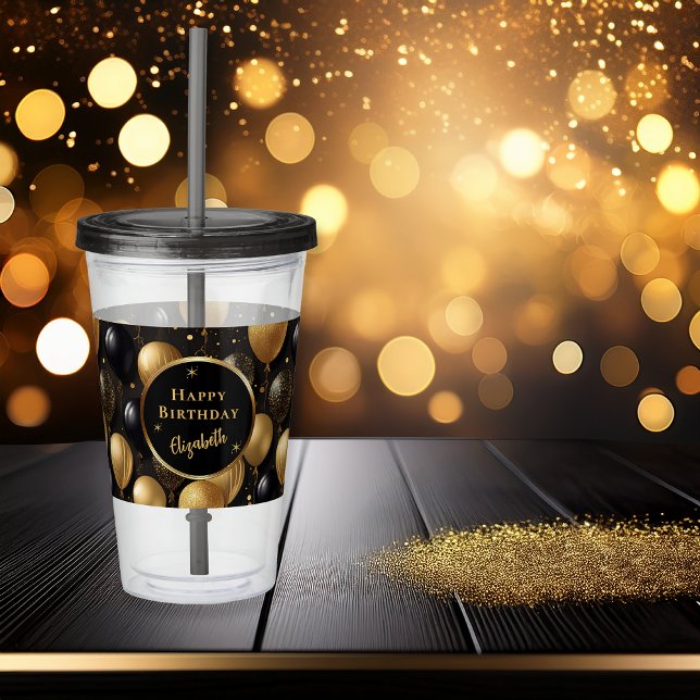 Vaso Acrílico Patrón elegante de globos de cumpleaños de oro neg (Elegant Black Gold-Tone Faux Glitter Balloons Pattern "Happy Birthday" Party Acrylic Tumbler)