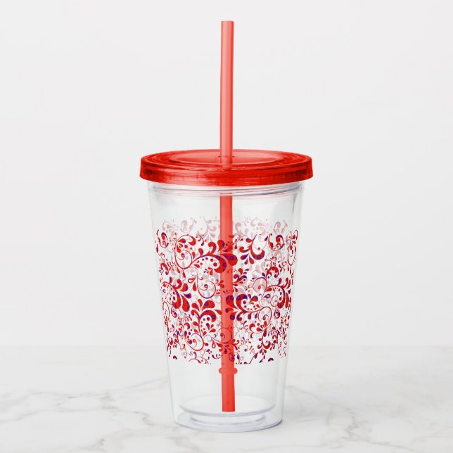 Vaso Acrílico Patrón floral blanco y rojo (Anverso)