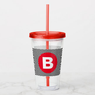 Vaso Acrílico Patrón geométrico negro y blanco con monograma roj