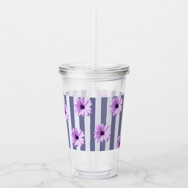 Vaso Acrílico patrón rayado con margaritas moradas (Anverso)