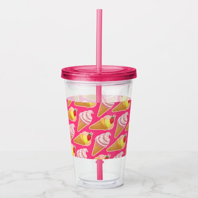 Vaso Acrílico Patrón rosa de Kawaii con helado de fresa  (Anverso)