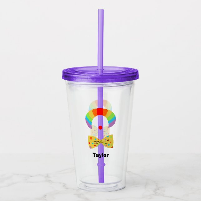 Vaso Acrílico Payaso con Ilustracion de peluca arco iris persona (Anverso)