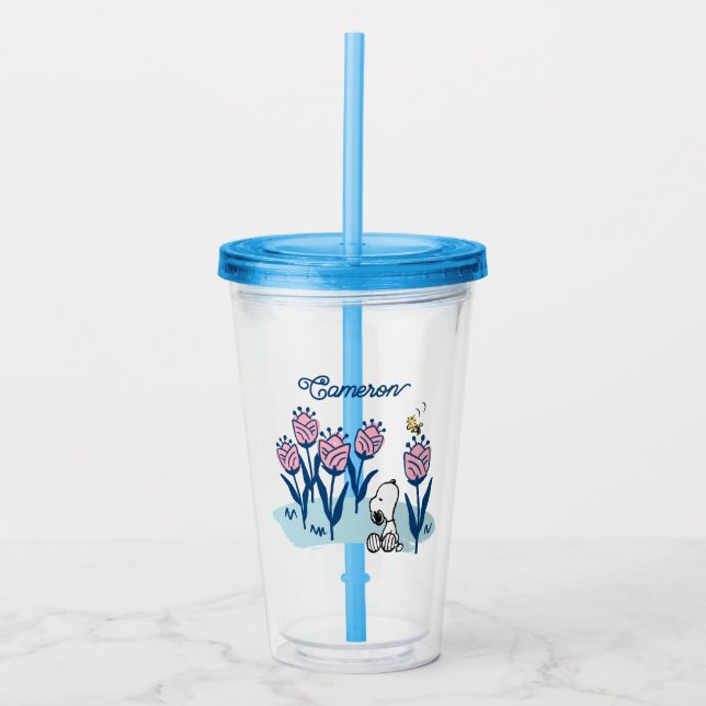 Vaso Acrílico Peanus Snoopy & Woodstock Flower | Añadir su nombr (Anverso)