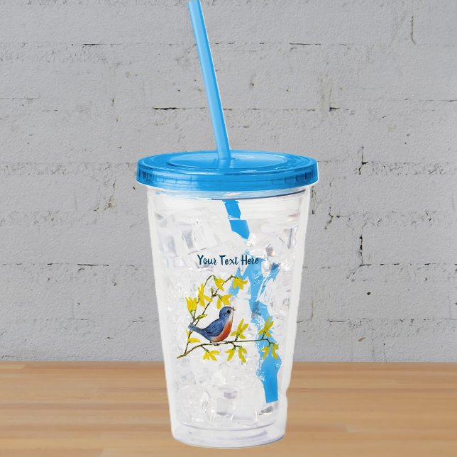 Vaso Acrílico Pequeña rama de pájaro rojo azul flor amarilla (Pretty little red blue bird on branch bright yellow spring  time flowers on acrylic drink tumbler.)