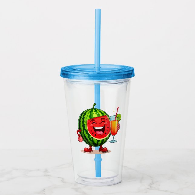Vaso Acrílico Personaje de sandía sonriente disfrutando (Anverso)