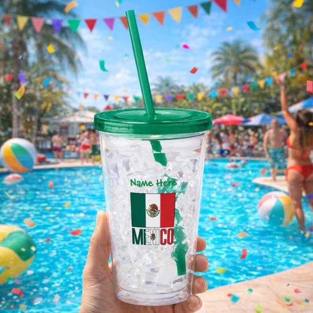 Vaso Acrílico Personalización verde de bandera mexicana (Personalized acrylic tumbler has the Mexican Flag and MEXICO in flag colors. Add a name above.)