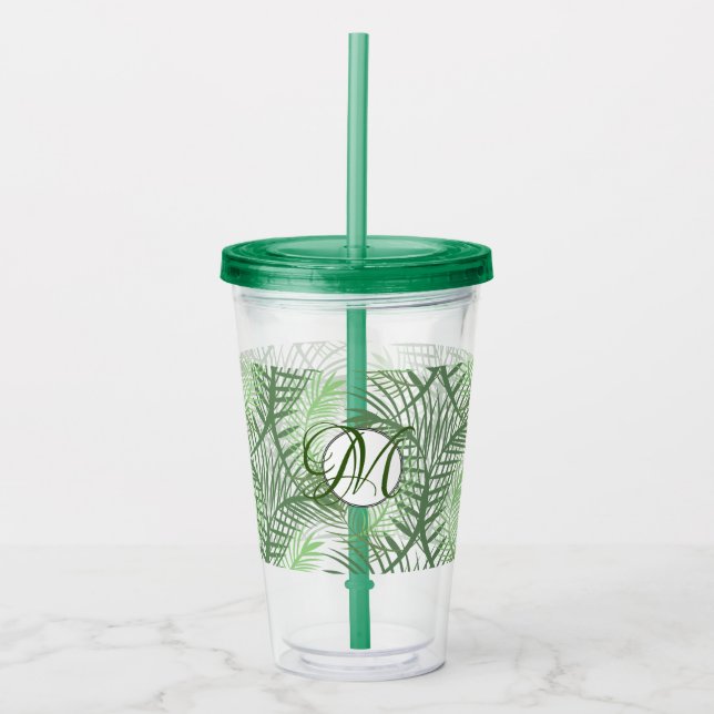 Vaso Acrílico Personalizado Monograma de hojas de palmas tropica (Anverso)
